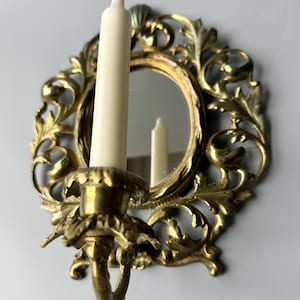 Vintage wall sconce with mirror / solid brass candlestick holder / ornate floral motif / home decor / wall display / taper candle holder