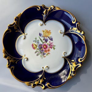 Vintage German LJMENAU Graf Von Henneberg porcelain plate  / cobalt blue & colorful floral pattern / decor display / hand painted / bowl