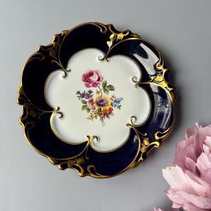 Vintage German LJMENAU Graf Von Henneberg porcelain plate  / cobalt blue & colorful floral pattern / decor display / hand painted / bowl