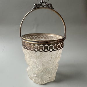 装飾的な金属ハンドル付きヴィンテージガラス製アイスバケツ / フロスト加工のひび割れ風ガラス / 小型収納 / バーカートディスプレイ装飾