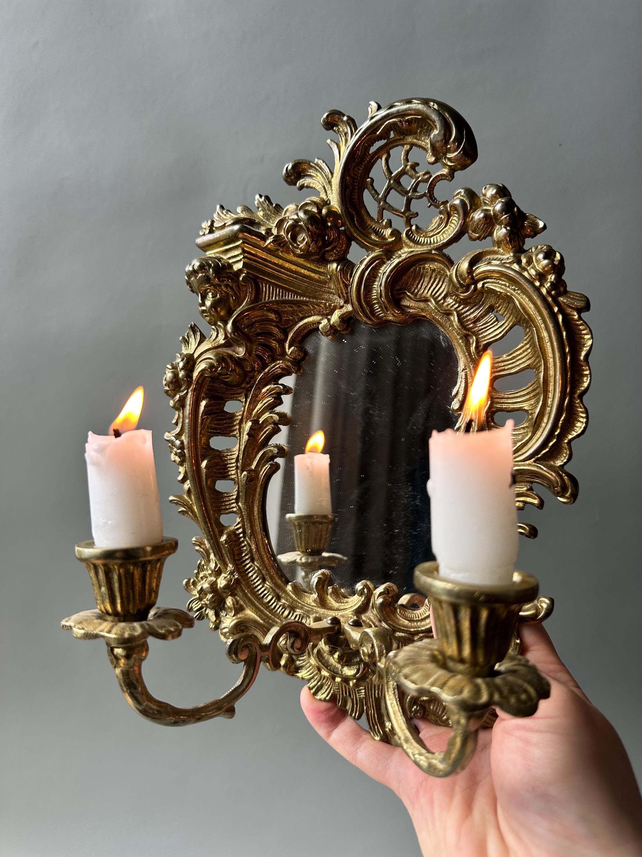Antique Brass Wall Sconce with Ornate Floral Candle Arm