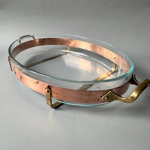 Vintage Swedish NILSJOHAN serving tray / casserole / copper & brass stand / PYREX glass baking dish / mid-century 70s / retro display decor