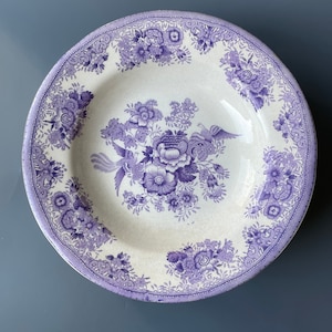 Antique 1900s Swedish Gustavsberg porcelain bowl / ASIATIC PHEASANTS 1880-1924 / purple & white floral transferware plate / price for 1