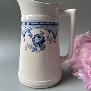 Antique Swedish Rörstrand 1920s pitcher / blue & white floral BOHUS pattern / decor display jug, vase, kanna / vintage transferware / defect