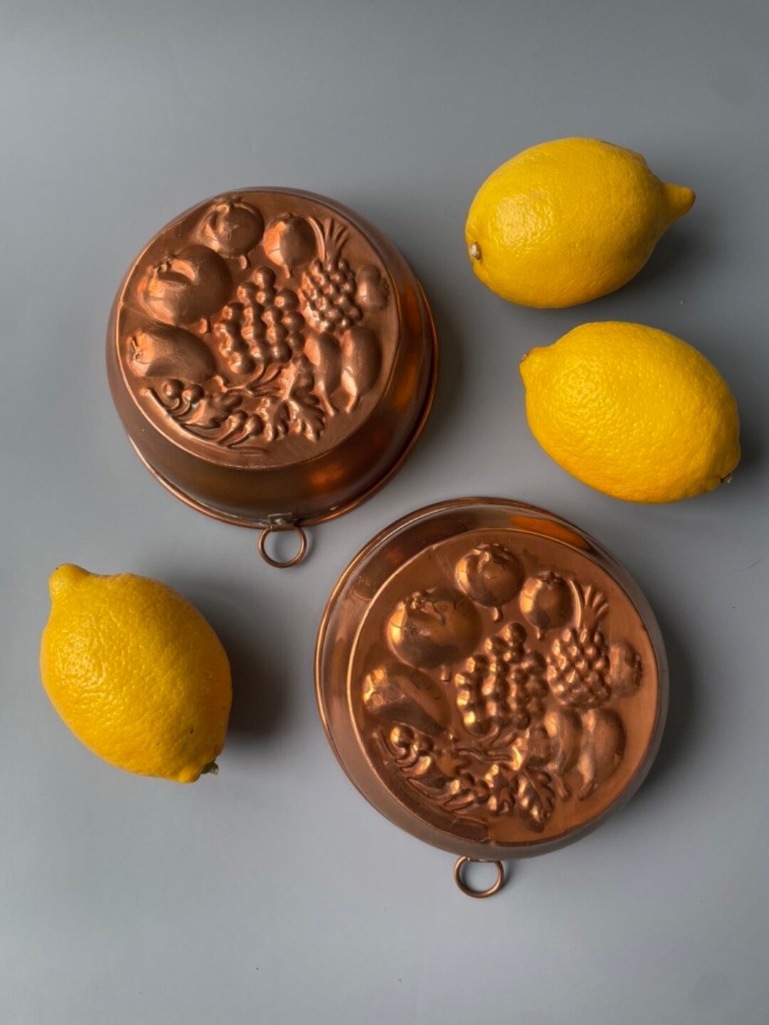 Set of 2 Vintage Copper Jelly Moulds With Hooks / Same Pattern