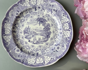 Antique 1880s Swedish Rörstrand porcelain plate / DACCA pattern 1880-1900 / purple and white / vintage floral transferware / display decor