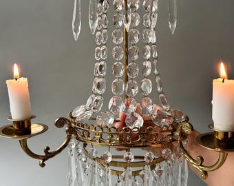 Vintage Brass Crystal Wall Sconce, Swedish Gustavian Style