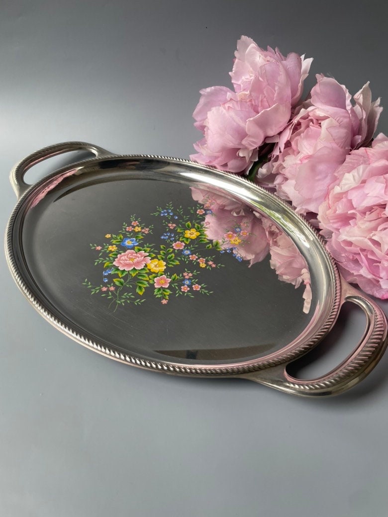 Vintage Italian ALESSI serving tray with handles / stainless steel platter / floral motif / home decor display / INOX design / collectable