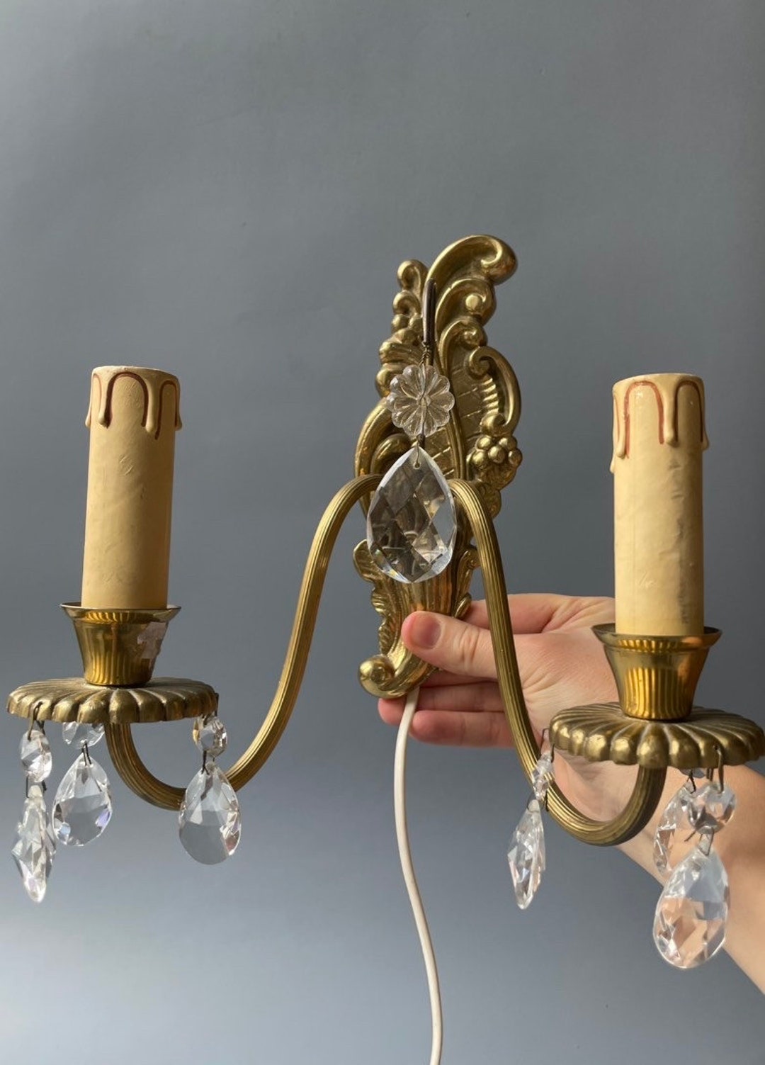 Vintage Brass Wall Lamp With Crystals / Twoarm Sconce / Etsy