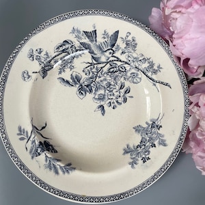 Puede incluir: Un plato de cerámica blanco con un diseño floral azul y blanco. El plato presenta un pájaro posado en una rama con flores y hojas. El plato tiene un borde azul y blanco.