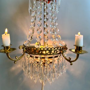Vintage crystal and brass wall lamp / sconce / candelabra / ornate candlestick holder / home decor / wall display / Swedish Gustavian style