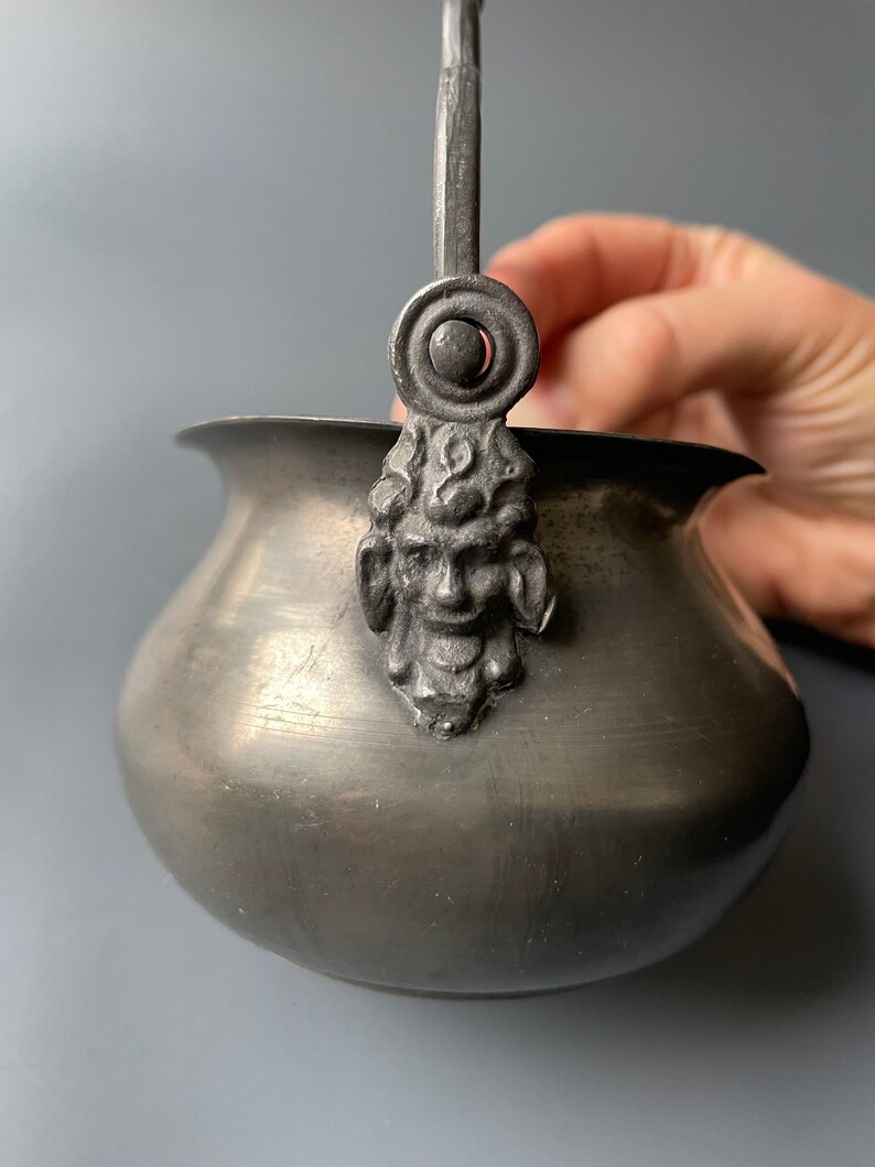 home decor display cauldron style Vintage Italian pewter pot with handle rustic small planter decorative details storage