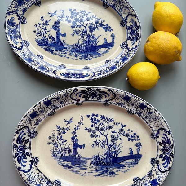 Set of 2 antique 1920s Swedish Rörstrand serving plates / oval trays / pattern SHANGHAI 1915-1925 / blue & white / display decor chinoiserie