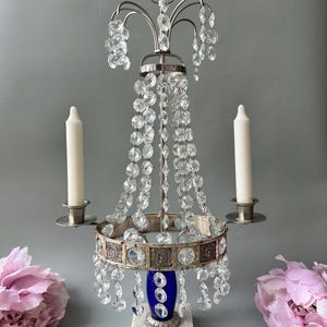 Vintage metal and marble taper candle holder with crystals / ornate candelabra / table chandelier / home decor display / Gustavian style