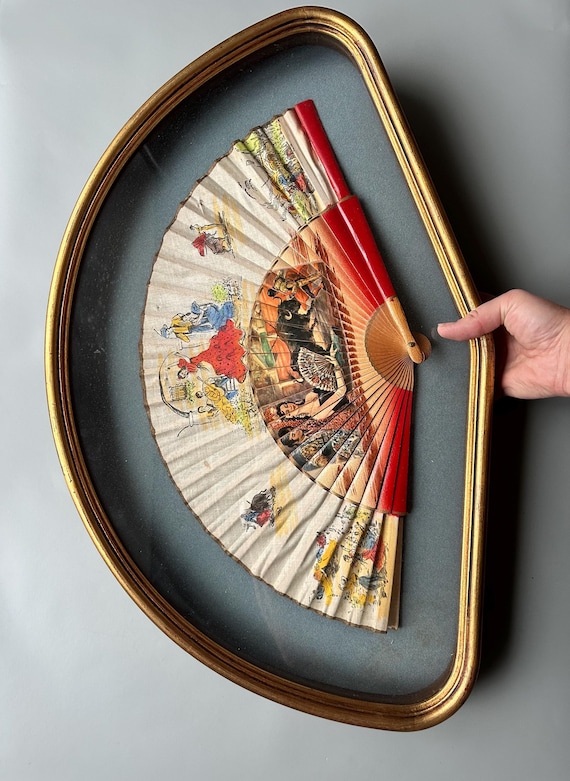 Framed Antique Opera Fan: Hand-embroidered, Gold Frame, Red Velvet