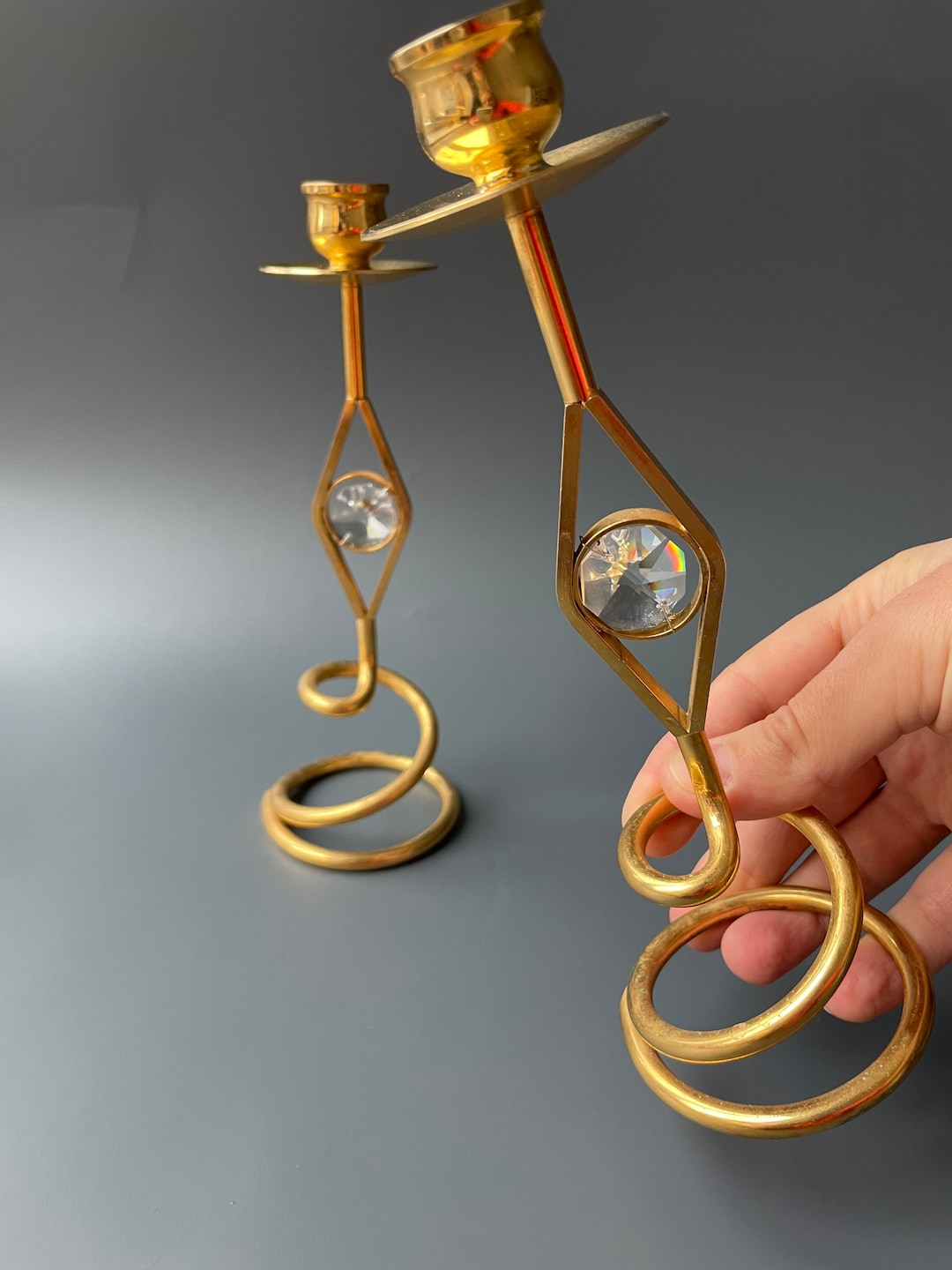 Vintage Brass Candlestick Holders With Crystals, Set of 2 - Etsy