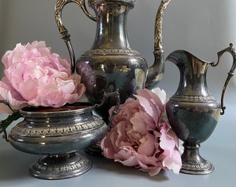 Antique 1900s Swedish C.R. CARLSTROM metal tea serving set / ornate decorative details / silver plated / display decor / teapot / creamer