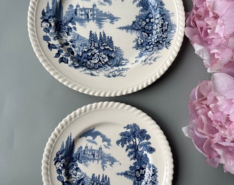 Vintage Johnson Bros. Plates (Set of 2), Castle On The Lake, Blue Transferware
