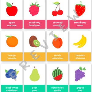 FlashCards de Frutas para Impressão Inglês-Espanhol