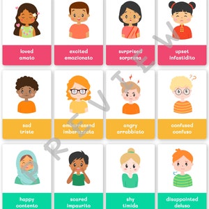 FlashCards d'émotions imprimables anglais-italien