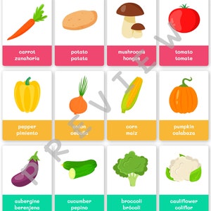 FlashCards de vegetais para impressão Inglês-Espanhol