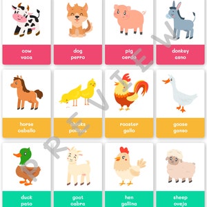 FlashCards de animais de fazenda para impressão Inglês-Espanhol