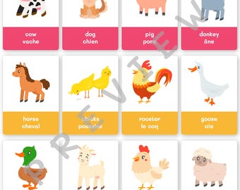 Tarjetas didácticas de animales de granja en inglés y francés, tarjetas de vocabulario Montessori realistas, recursos de logopedia para niños pequeños