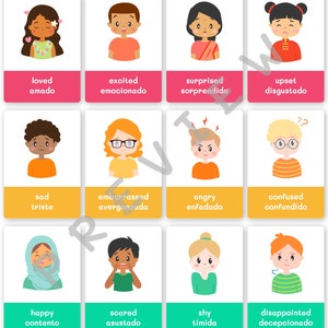 FlashCards de Emoções para Impressão Inglês-Espanhol