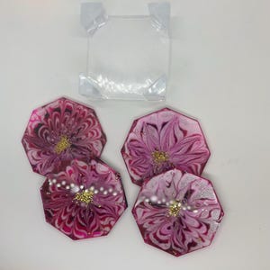 Hot Pink flower Coasters- Resin Set of 4 with holder