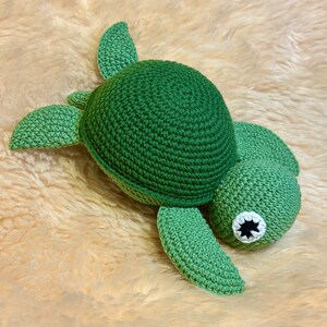 Könnte beinhalten: Ein grünes Häkel-Schildkrötenspielzeug mit schwarzen Augen. Die Schildkröte liegt auf einer hellbraunen, flauschigen Oberfläche.