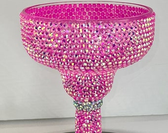 Hot Pink Bedazzled Margarita Glass in Lime Green Rhinestones Party Brides Gift Tequila Drinks Mexican