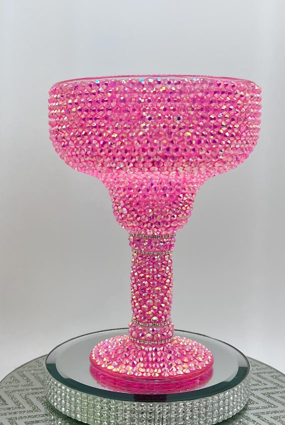 Hot Pink Bedazzled Margarita Glass in Lime Green Rhinestones Party Brides Gift Tequila Drinks Mexican