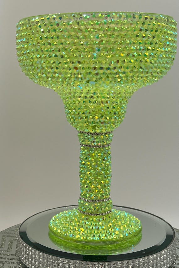 Bling Bedazzled Margarita Glass in Lime Green Rhinestones Party Brides Gift Tequila Drinks Mexican Tequila Bar Cart