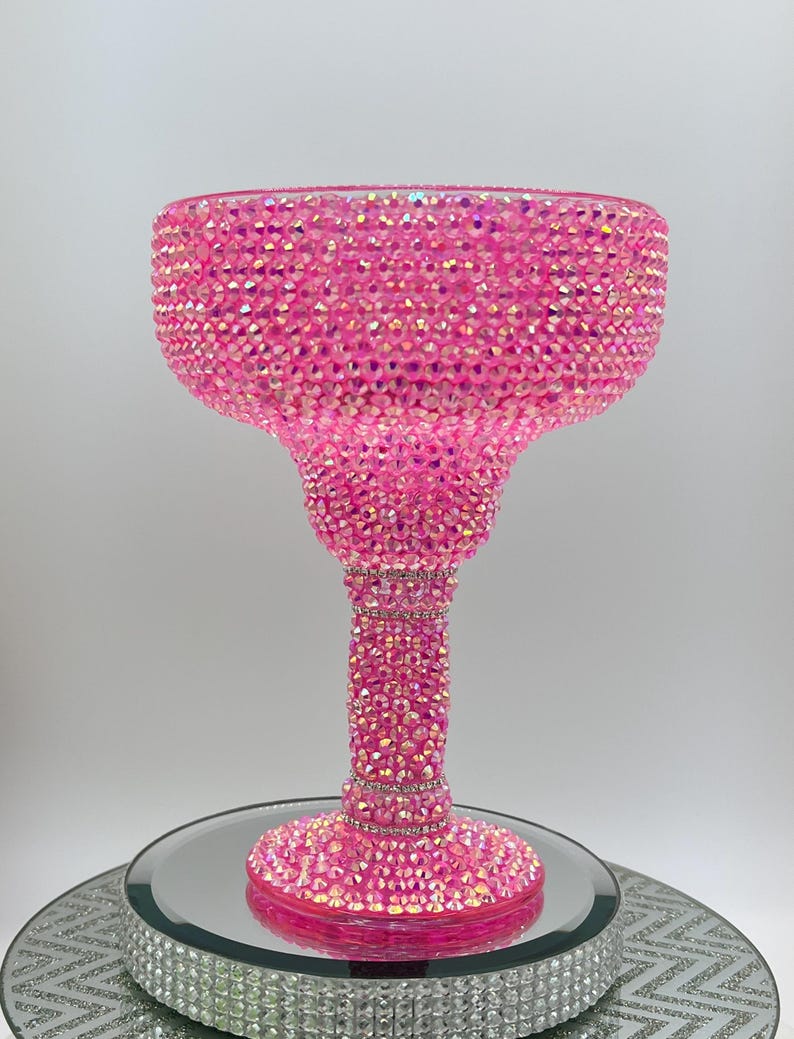 Hot Pink Bedazzled Margarita Glass in Lime Green Rhinestones Party Brides Gift Tequila Drinks Mexican image 2