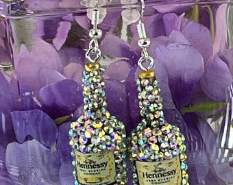 NEW Design by Me! Bedazzled Mini Liquor Bottle Earrings Bling Rhinestones Pierced Ears Jewelry watch video 8 choices!  Bartender Server