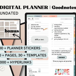 Pode incluir: Uma interface de aplicativo de planejador digital com um esquema de cores rosa, azul e verde. O aplicativo inclui um calendário, uma lista de tarefas e uma seção de notas. O aplicativo também inclui uma seção de bônus com recursos adicionais. O texto "1000+ adesivos de planejador", "600+ páginas, 30+ modelos" e "10 000+ hiperlinks" é exibido na tela.