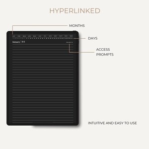 May include: A black digital planner with the word "HYPERLINKED" above it. The planner displays months, days, and access prompts. The text "INTUITIVE AND EASY TO USE" is below the planner.