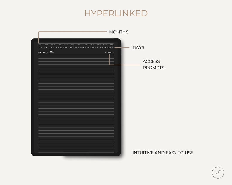 May include: A black digital planner with the word "HYPERLINKED" above it. The planner displays months, days, and access prompts. The text "INTUITIVE AND EASY TO USE" is below the planner.