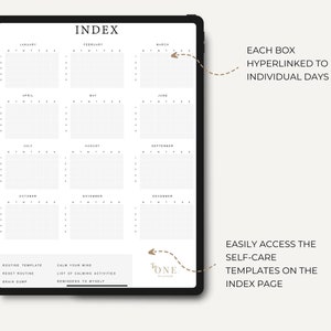 May include: A digital planner with a monthly calendar index page. Each month is divided into a grid with numbered days. The planner includes sections for routine templates, calming activities, and reminders. The text "INDEX" is at the top of the page.