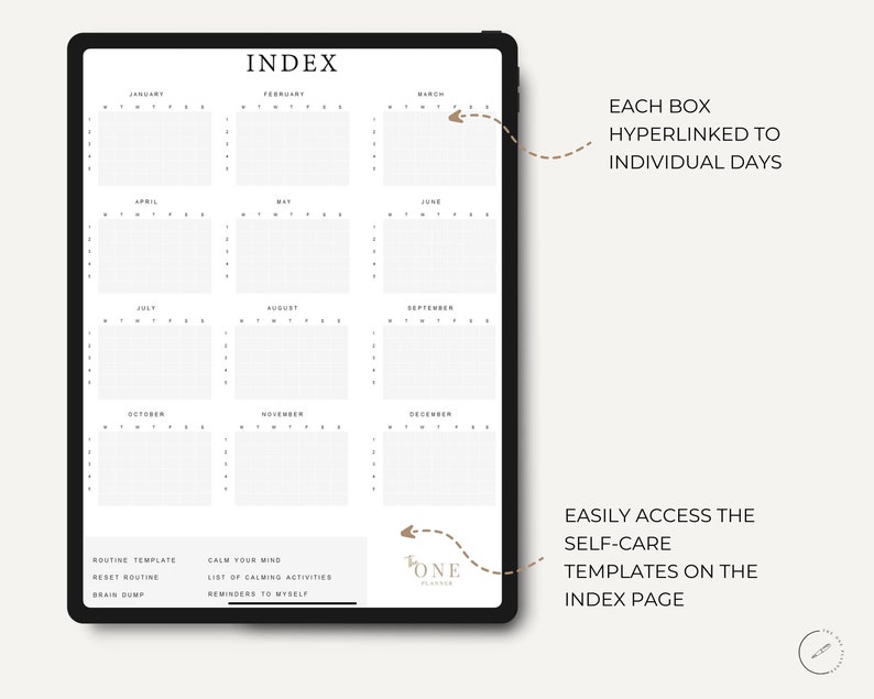 May include: A digital planner with a monthly calendar index page. Each month is divided into a grid with numbered days. The planner includes sections for routine templates, calming activities, and reminders. The text "INDEX" is at the top of the page.