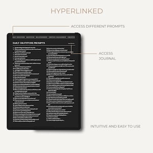 May include: A black digital tablet displaying a "Daily Gratitude Prompts" journal. The screen shows a list of prompts for self-reflection. Text on the screen includes "Hyperlinked", "Access Different Prompts", "Access Journal", and "Intuitive and Easy to Use".