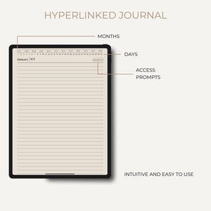 May include: A digital journal app interface with the text "HYPERLINKED JOURNAL" at the top. The app shows a calendar view with the month of January highlighted. The text "January 03" is visible. Below the calendar is a lined page for journaling. The text "MONTHS", "DAYS", "ACCESS PROMPTS", and "INTUITIVE AND EASY TO USE" is visible.