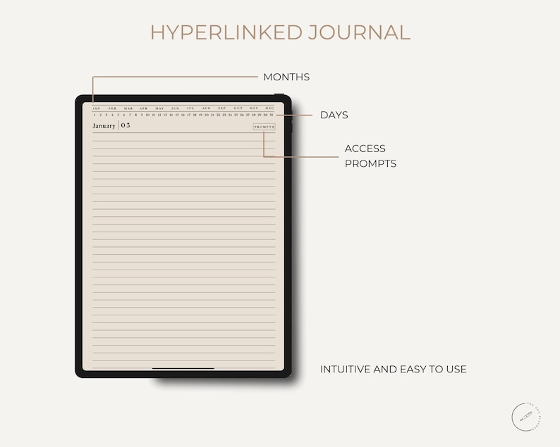 May include: A digital journal app interface with the text "HYPERLINKED JOURNAL" at the top. The app shows a calendar view with the month of January highlighted. The text "January 03" is visible. Below the calendar is a lined page for journaling. The text "MONTHS", "DAYS", "ACCESS PROMPTS", and "INTUITIVE AND EASY TO USE" is visible.