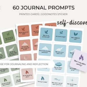 Könnte beinhalten: Ein Satz von 60 druckbaren Journal-Anregungen auf Karten mit dem Thema Selbstfindung. Die Karten zeigen verschiedene Farben und Illustrationen von Blättern, Wolken, Bergen und Flammen. Der Text "60 JOURNAL-ANREGUNGEN" und "Selbstfindung" ist oben im Bild gedruckt.