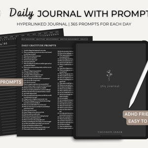 Digital Black Journal with 365 Prompts, Daily Digital Journal, Digital Diary For Every day, One Page a Day Journal