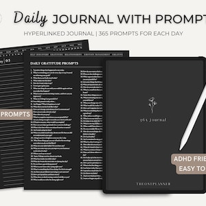 Digital Black Journal with 365 Prompts, Daily Digital Journal, Digital Diary For Every day, One Page a Day Journal