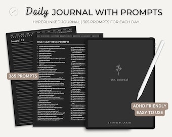 Digital Black Journal with 365 Prompts, Daily Digital Journal, Digital Diary For Every day, One Page a Day Journal