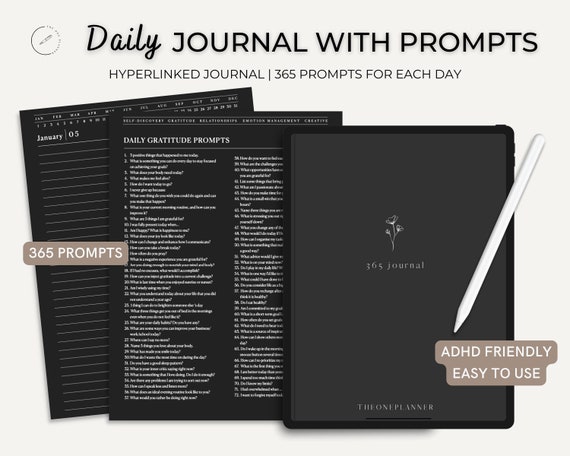 Digital Black Journal with 365 Prompts, Daily Digital Journal, Digital Diary For Every day, One Page a Day Journal