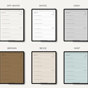 K&ouml;nnte beinhalten: Sechs digitale Planer-Vorlagen, die auf dem Bildschirm eines Tablets angezeigt werden. Die Vorlagen sind in verschiedenen Farben gehalten: gebrochenes Wei&szlig;, Wei&szlig;, Grau, Braun, Beige und Mint. Jede Vorlage verf&uuml;gt &uuml;ber einen Kalender, einen Bereich f&uuml;r "Morgen" und "Abend" sowie Platz zum Schreiben.