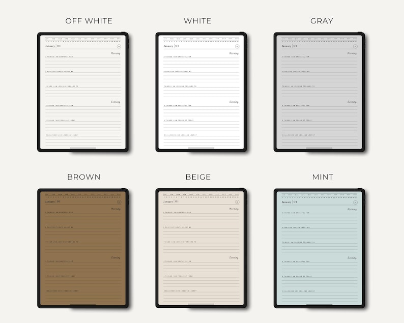 K&ouml;nnte beinhalten: Sechs digitale Planer-Vorlagen, die auf dem Bildschirm eines Tablets angezeigt werden. Die Vorlagen sind in verschiedenen Farben gehalten: gebrochenes Wei&szlig;, Wei&szlig;, Grau, Braun, Beige und Mint. Jede Vorlage verf&uuml;gt &uuml;ber einen Kalender, einen Bereich f&uuml;r "Morgen" und "Abend" sowie Platz zum Schreiben.